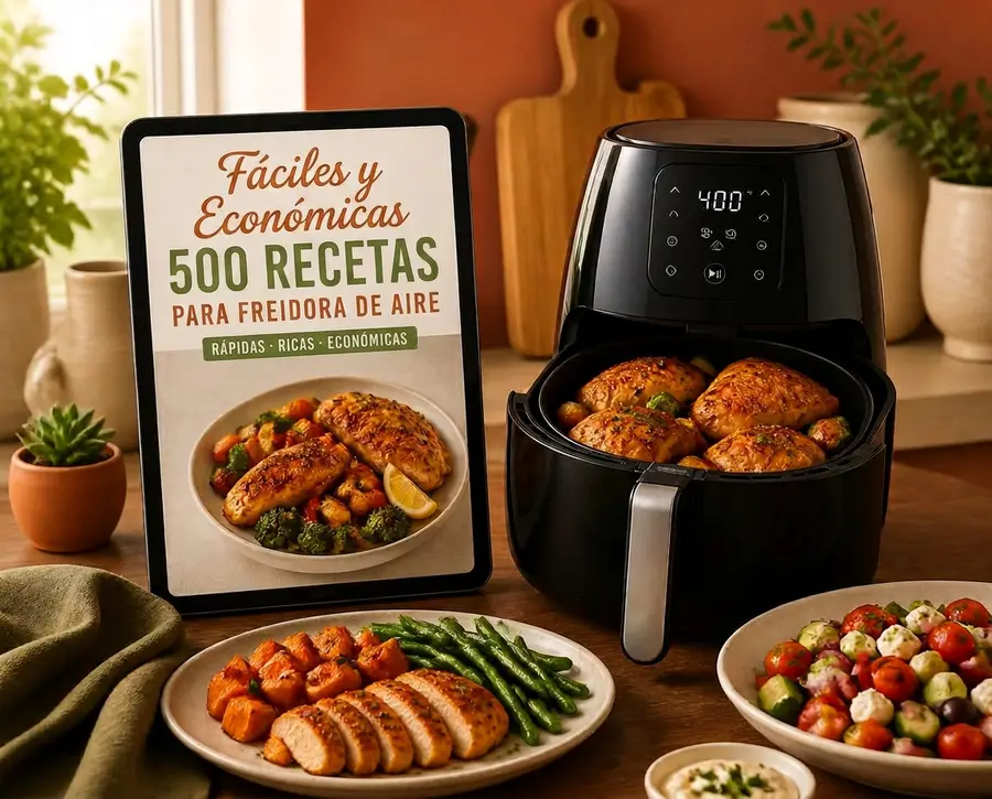 Ebook de recetas mostrado en una tableta junto a una freidora de aire y platos caseros recién preparados