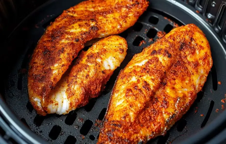 Filetes de pollo especiados y dorados en una freidora de aire
